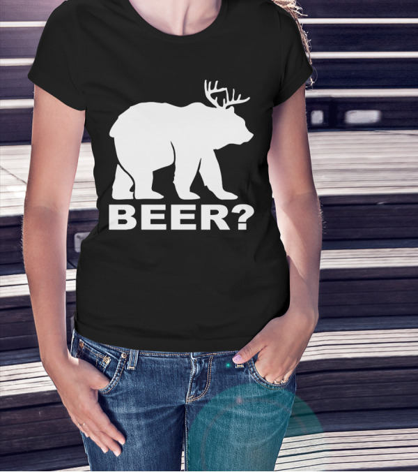 BEER Funny Drinking Party Bear With Antlers Optical Illusion T-Shirt