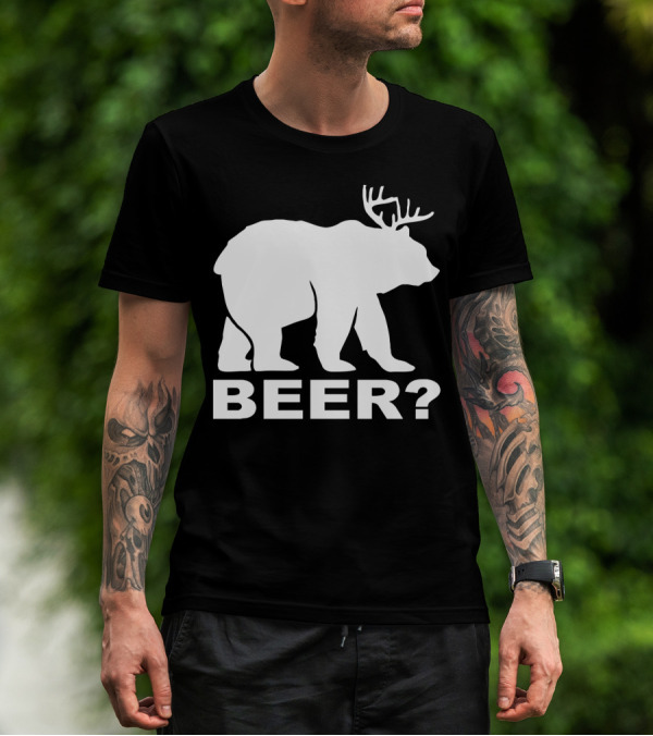 BEER Funny Drinking Party Bear With Antlers Optical Illusion T-Shirt