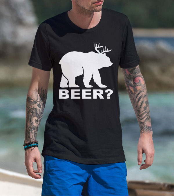 BEER Funny Drinking Party Bear With Antlers Optical Illusion T-Shirt