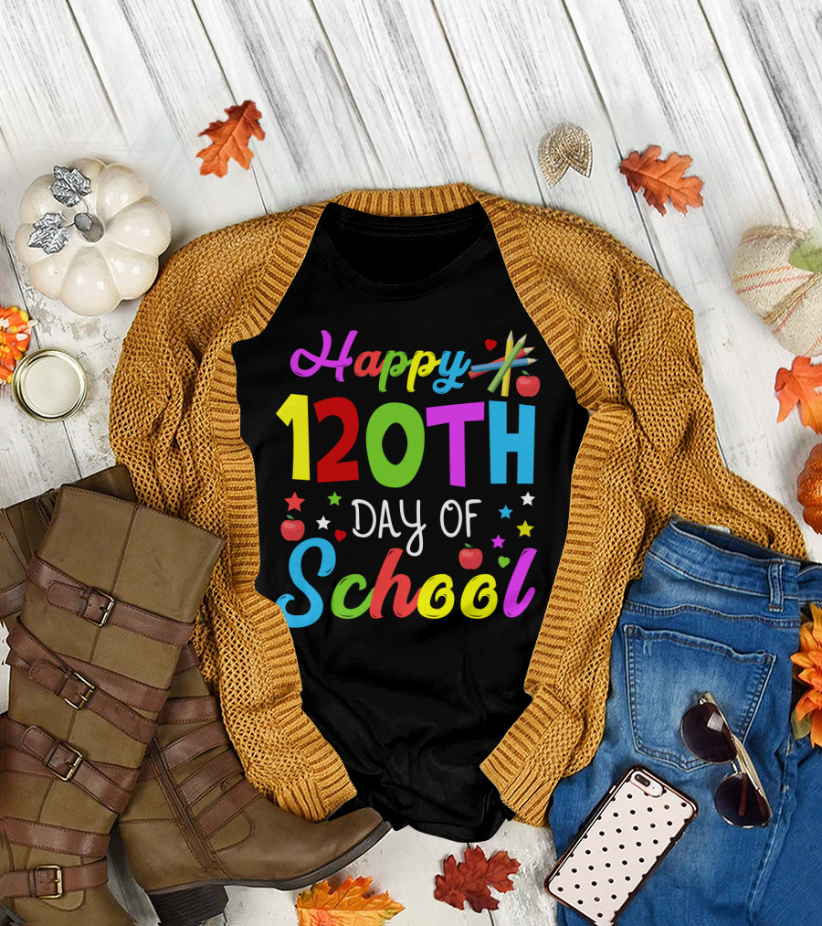 Happy 120th Day of School Colorful Celebration with Stars and Apples T-Shirt