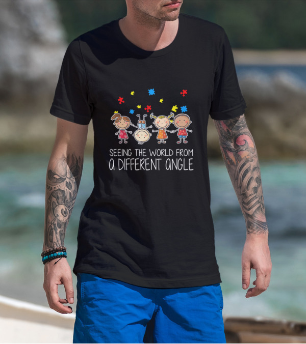 Seeing The World From A Different Angle Autism Puzzle Pieces Cartoon Kids T-Shirt