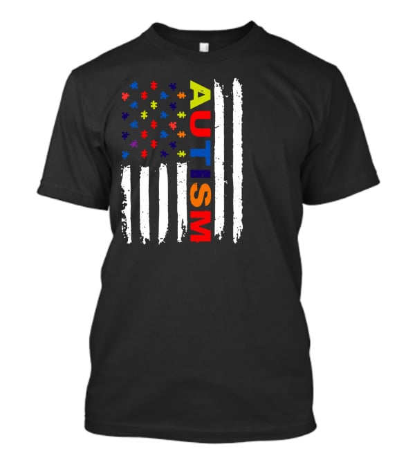 Autism Awareness Flag Design With Colorful Puzzle Pieces And Vertical Stripes T-Shirt