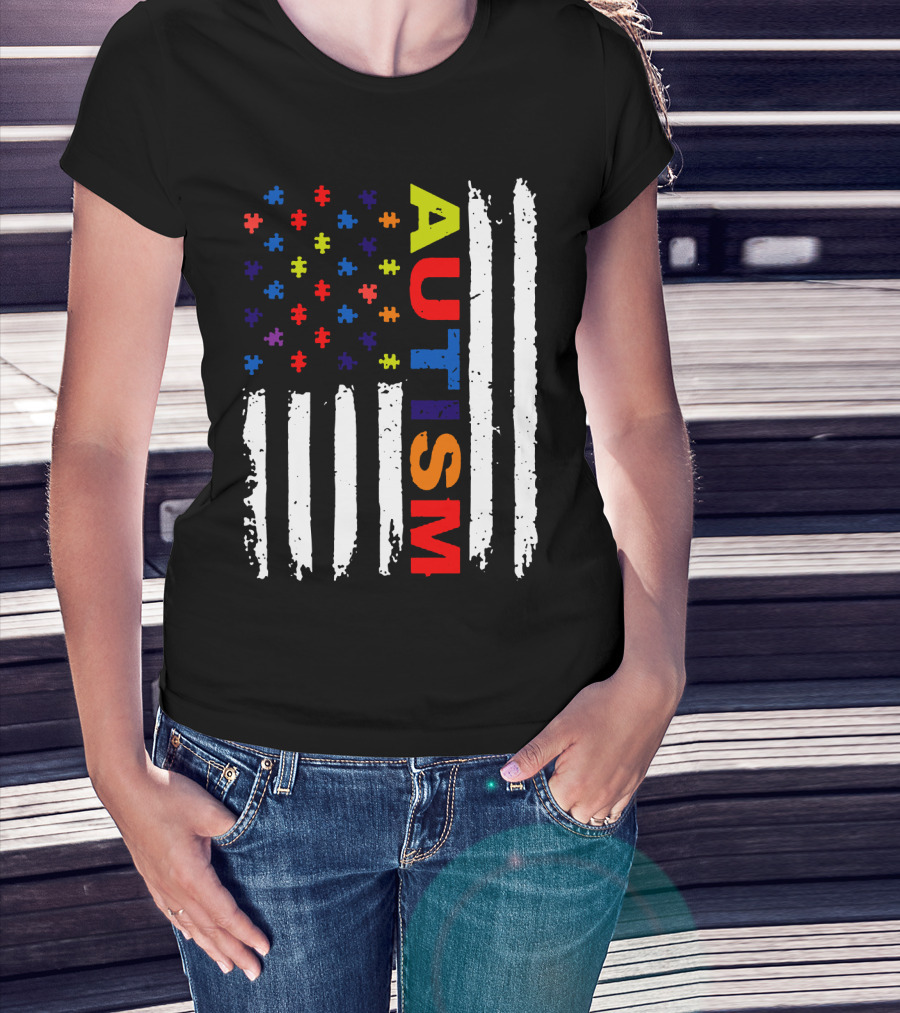 Autism Awareness Flag Design With Colorful Puzzle Pieces And Vertical Stripes T-Shirt