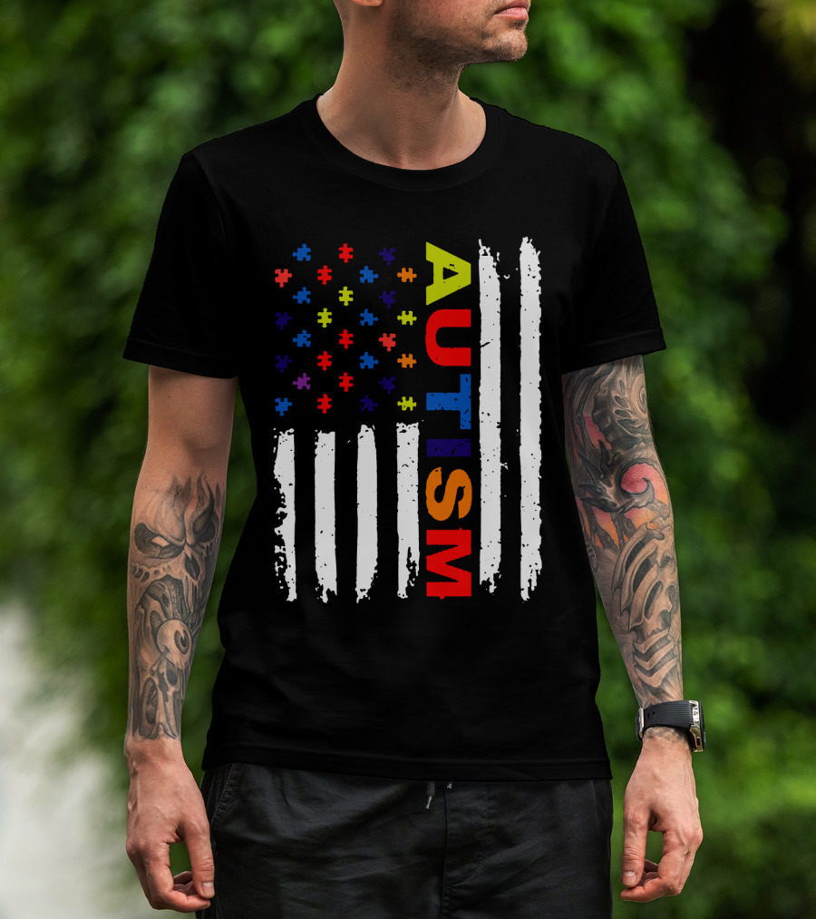 Autism Awareness Flag Design With Colorful Puzzle Pieces And Vertical Stripes T-Shirt