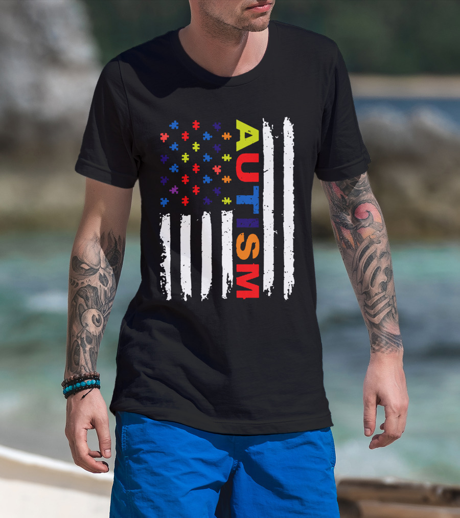 Autism Awareness Flag Design With Colorful Puzzle Pieces And Vertical Stripes T-Shirt