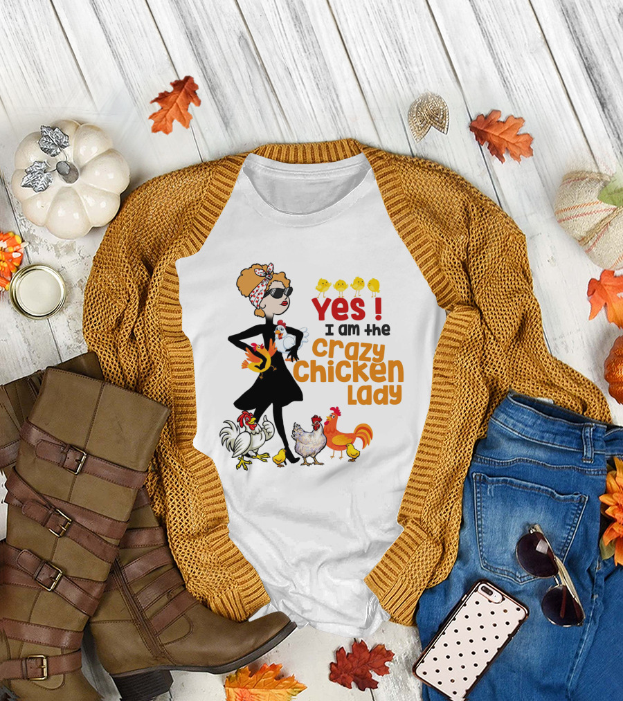 Yes I Am the Crazy Chicken Lady with Stylish Cartoon Character and Colorful Chickens T-Shirt