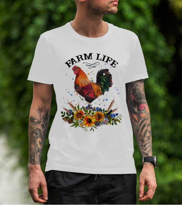 Farm Life Chicken Rooter With Colorful Rooster And Floral Arrangement T-Shirt