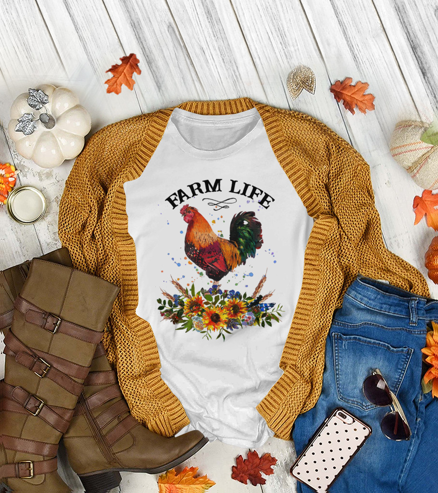 Farm Life Chicken Rooter with Colorful Rooster and Floral Arrangement T-Shirt