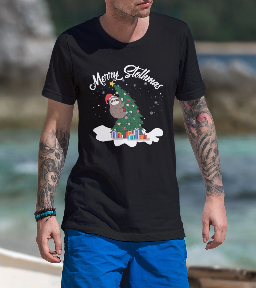 Merry Slothmas Christmas Sloth With Santa Hat On Christmas Tree And Snowflakes T-Shirt