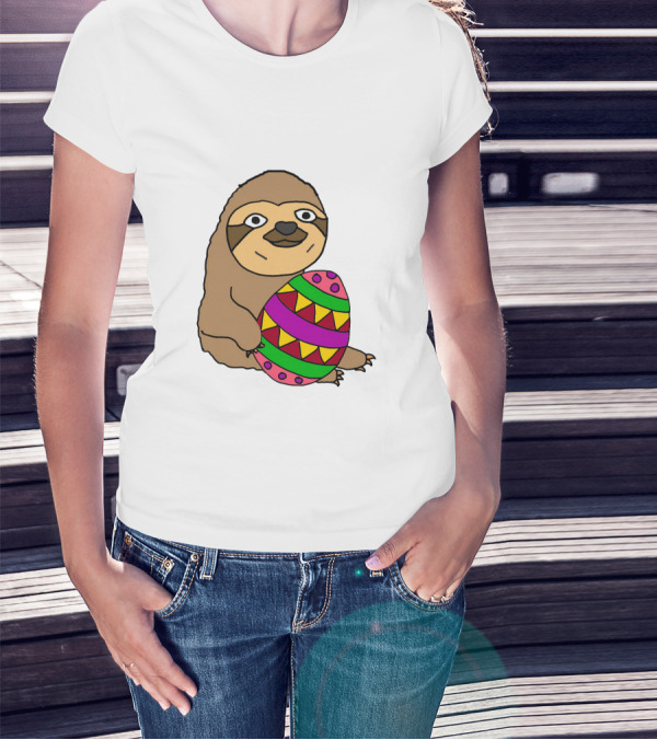 Sloth Holding Colorful Easter Egg Cartoon Funny T-Shirt