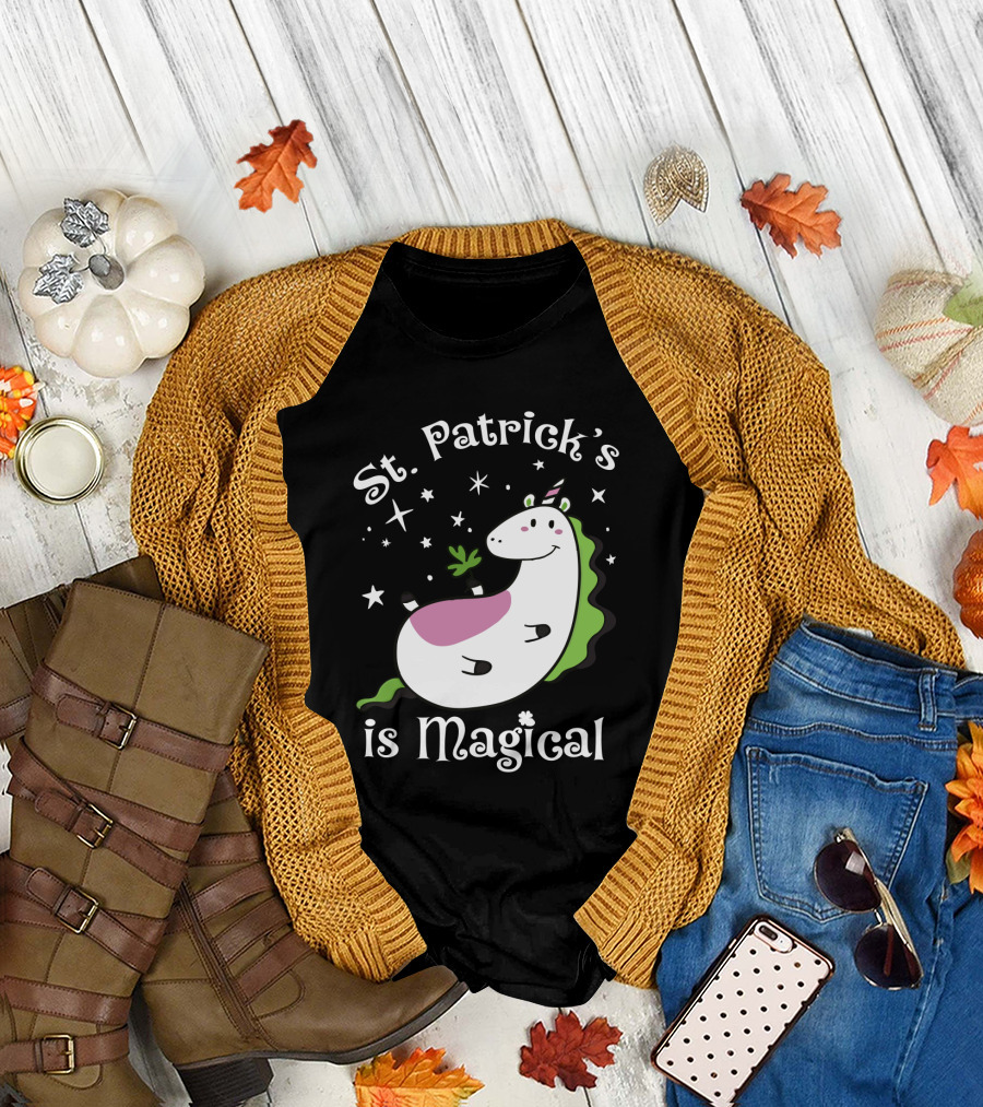 St. Patrick's Is Magical Shamrock Unicorn with Stars and Green Mane T-Shirt