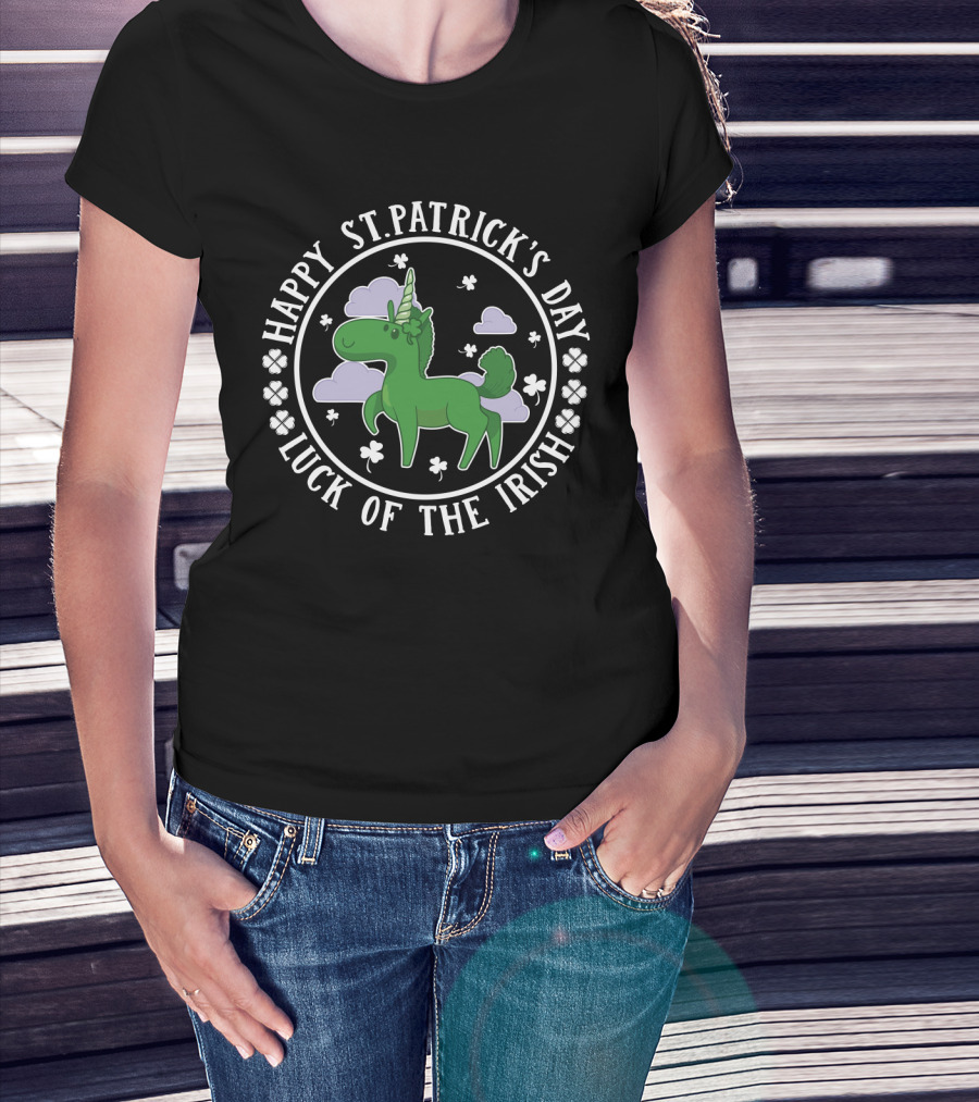 Happy St. Patrick's Day Luck Of The Irish Green Unicorn Clover Clouds T-Shirt