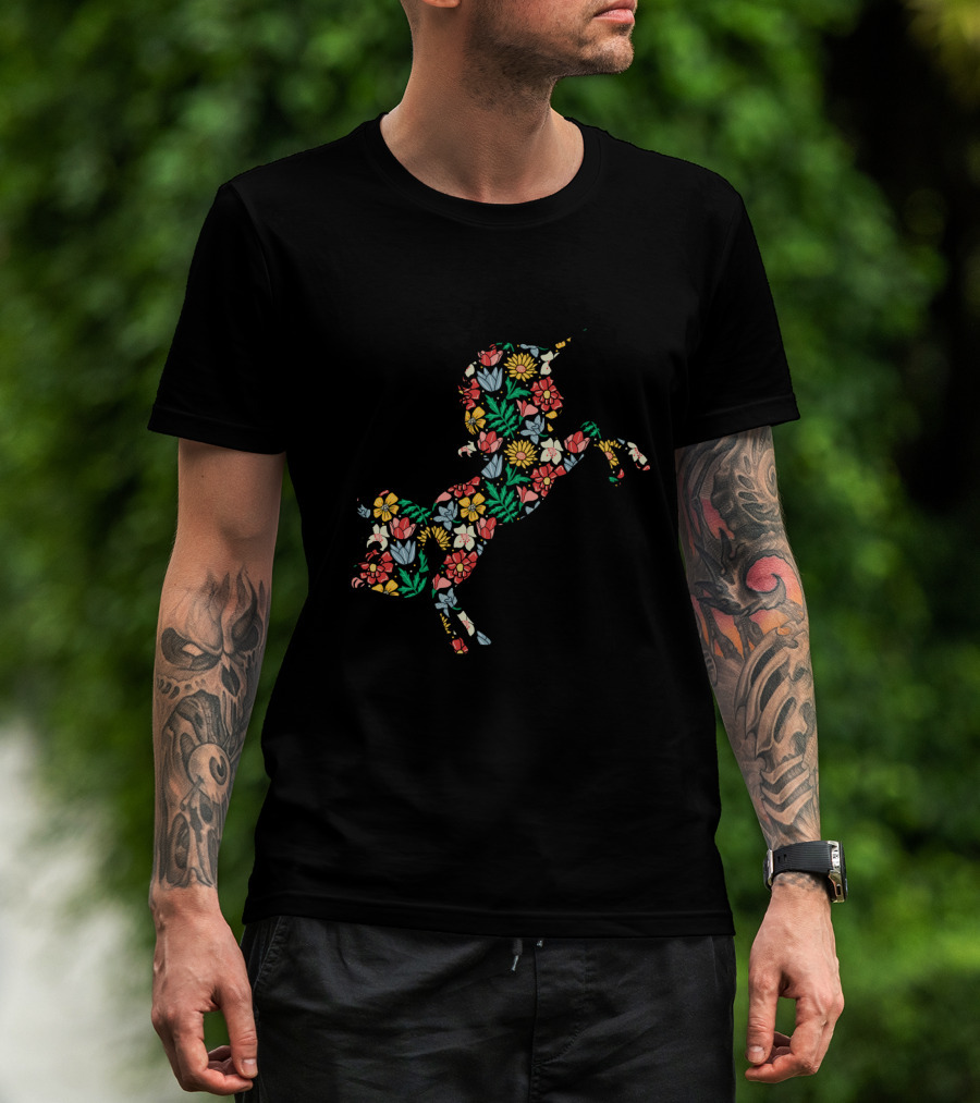 Unicorn Flower Silhouette With Vibrant Floral T-Shirt
