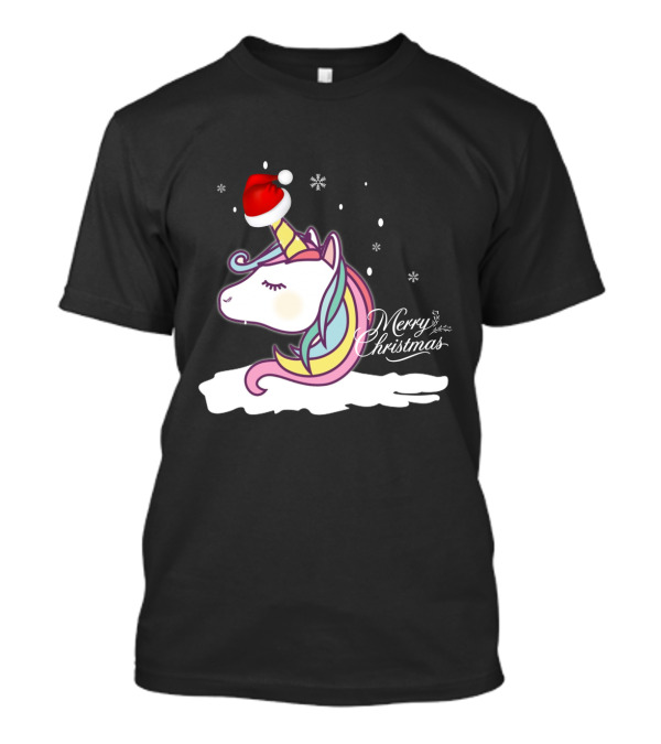 Unicorn Merry Christmas Snowflakes Santa Hat T-Shirt