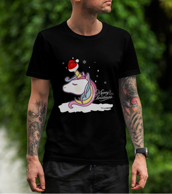 Unicorn Merry Christmas Snowflakes Santa Hat T-Shirt