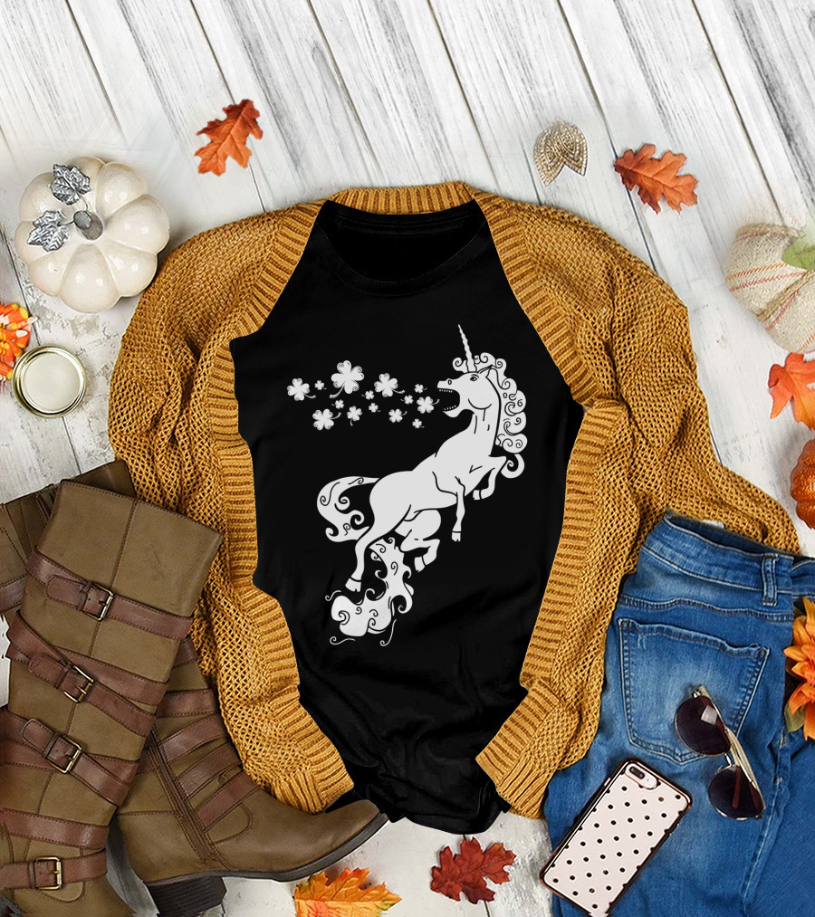 Unicorn Blowing Shamrock Flowers Mystical T-Shirt