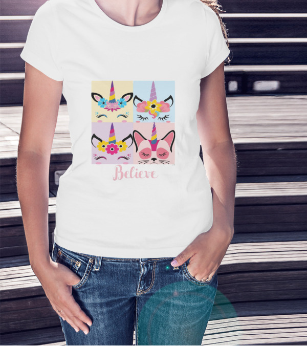 Believe With Colorful Unicorn Faces And Floral T-Shirt