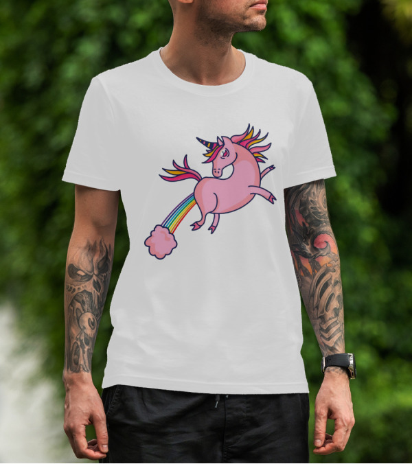 Magical Unicorn With Rainbow Tail And Puffy Clouds T-Shirt