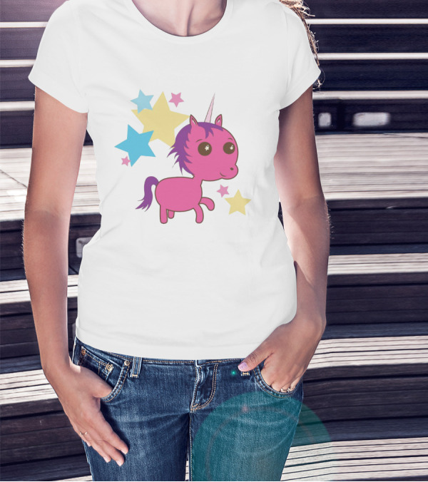 Pink Trippin Sparkles Unicorn With Colorful Stars T-Shirt