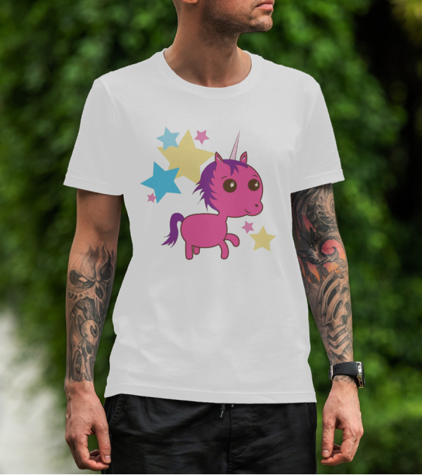 Pink Trippin Sparkles Unicorn With Colorful Stars T-Shirt