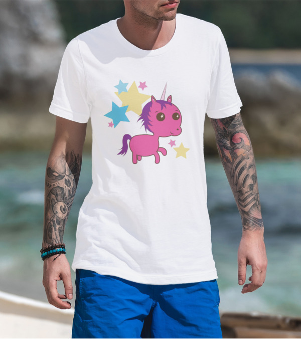Pink Trippin Sparkles Unicorn With Colorful Stars T-Shirt