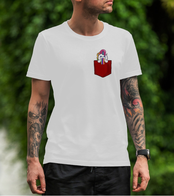 Crying Rainbow Unicorn In Red Pocket T-Shirt