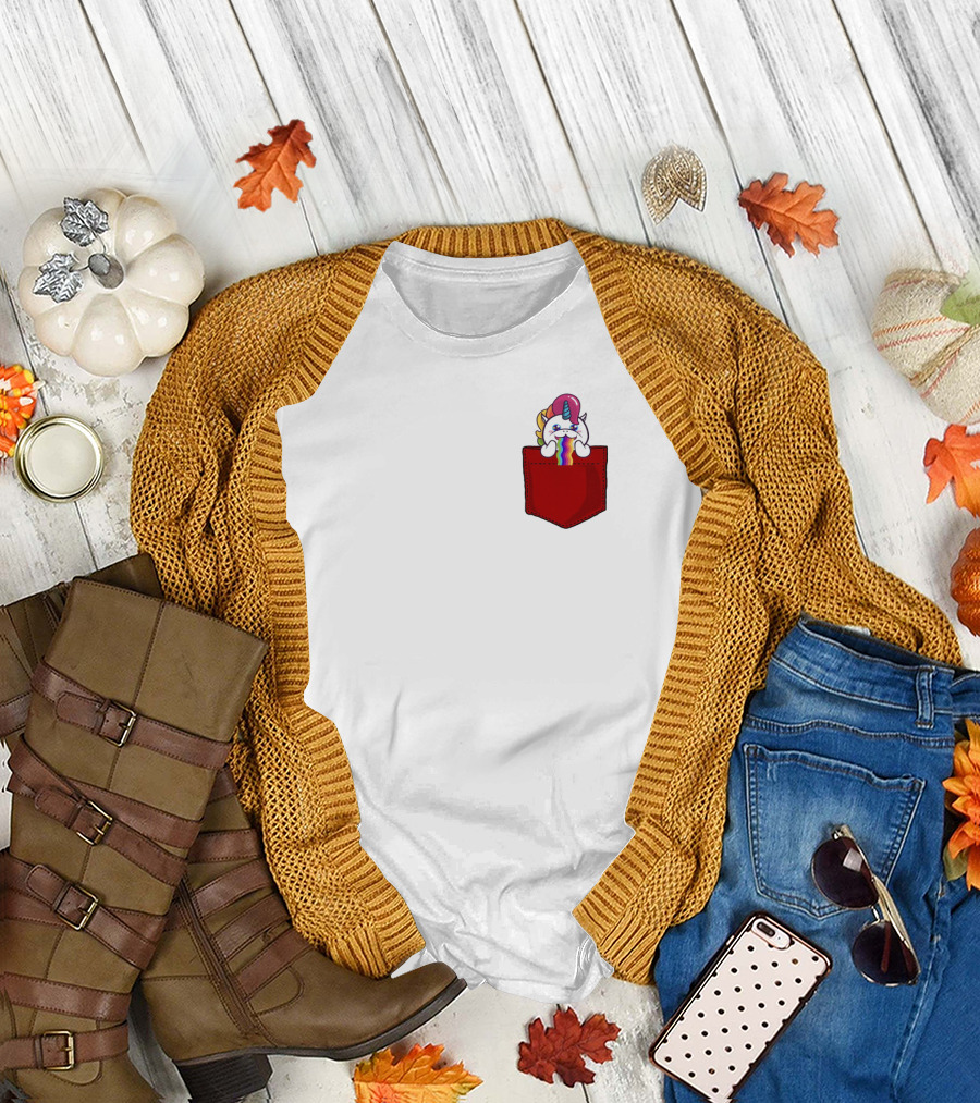 Crying Rainbow Unicorn in Red Pocket T-Shirt
