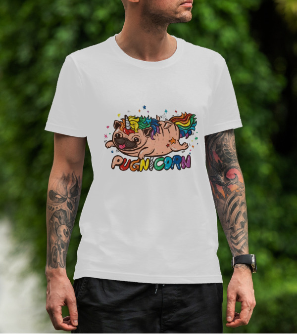 Pugnicorn Rainbow Unicorn Pug With Colorful Star Accents T-Shirt