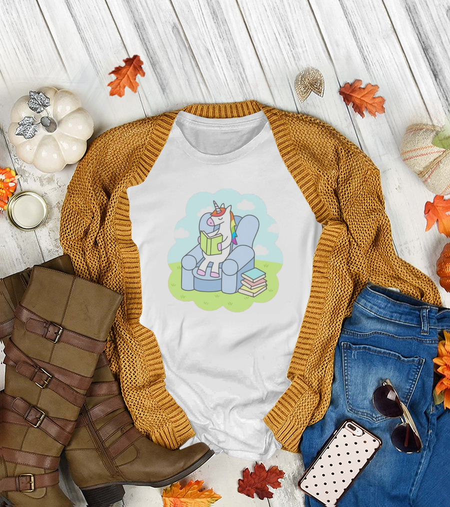 Unicorn Reader Relaxing in Armchair with Stack of Books T-Shirt