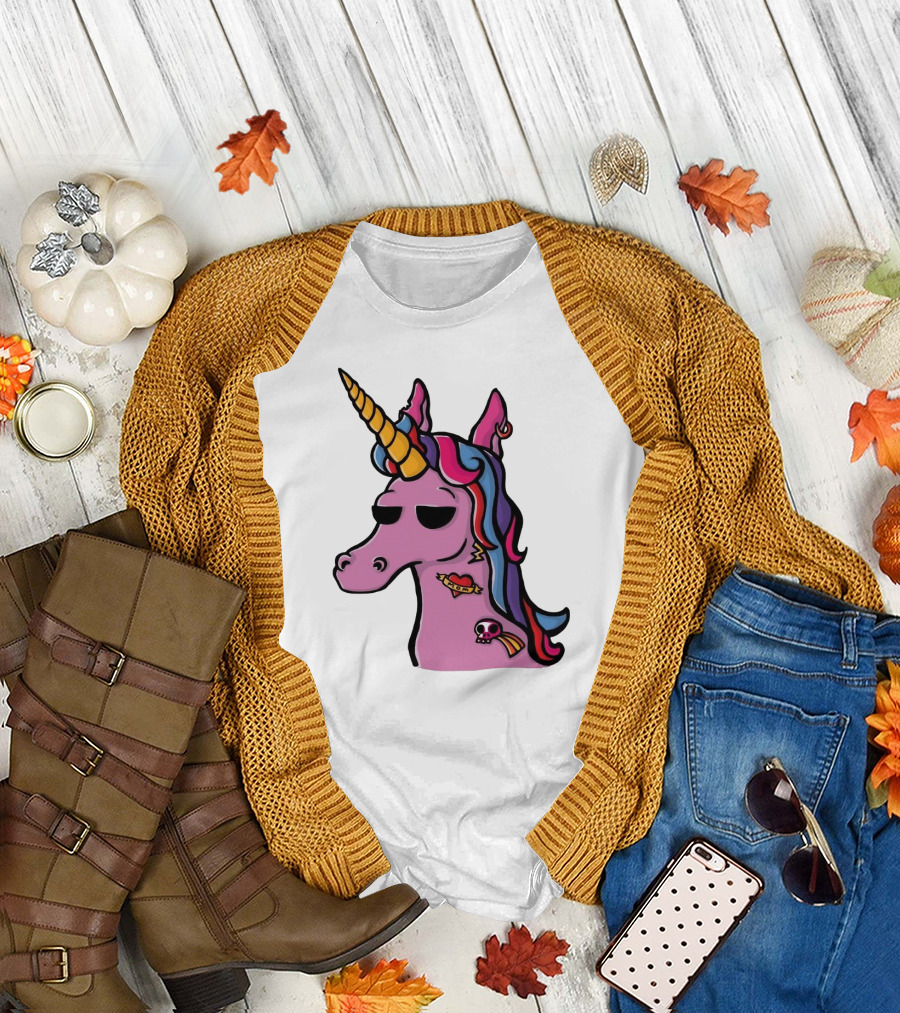 Badass Unicorn with Tattoo and Sunglasses Featuring Vibrant Colors and Skull Heart Tattoo T-Shirt