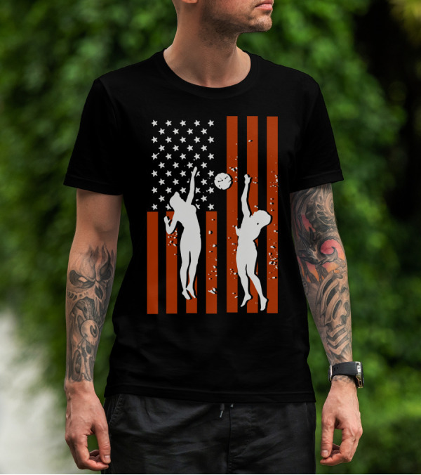 Volleyball Silhouettes Against American Flag Patriotic Sports Scene T-Shirt