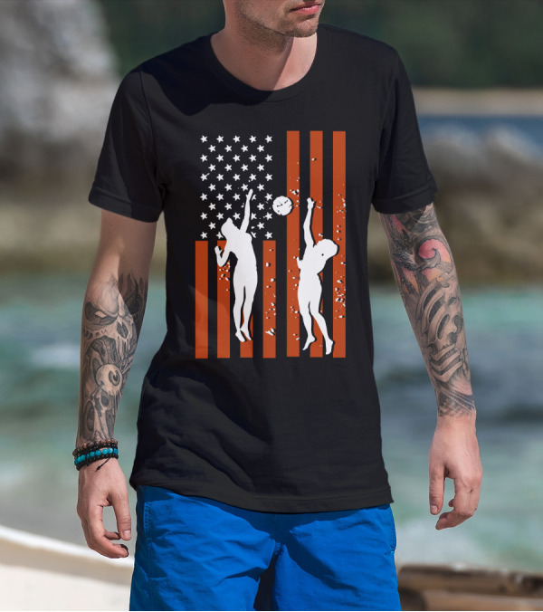 Volleyball Silhouettes Against American Flag Patriotic Sports Scene T-Shirt