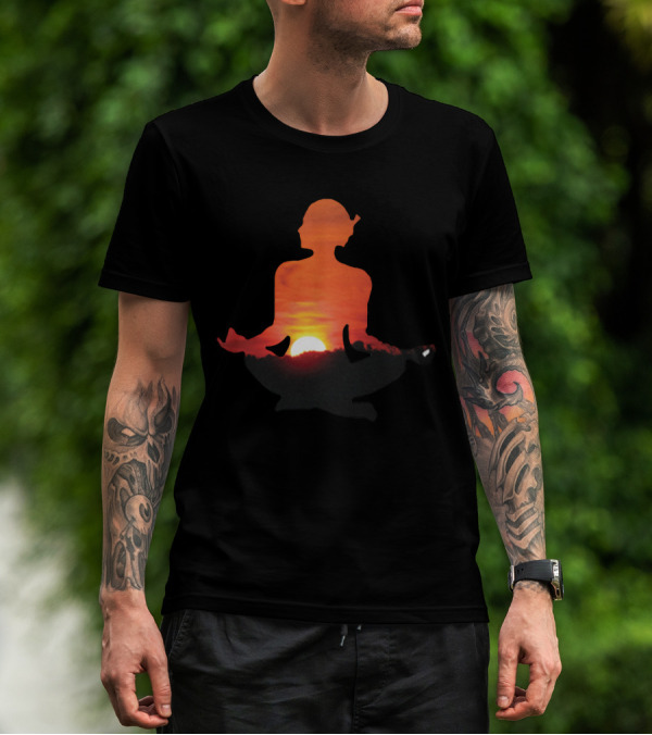 Yoga Meditation Silhouette Over Vibrant Sunset Horizon T-Shirt