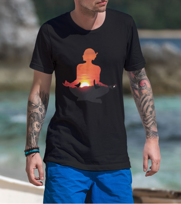 Yoga Meditation Silhouette Over Vibrant Sunset Horizon T-Shirt