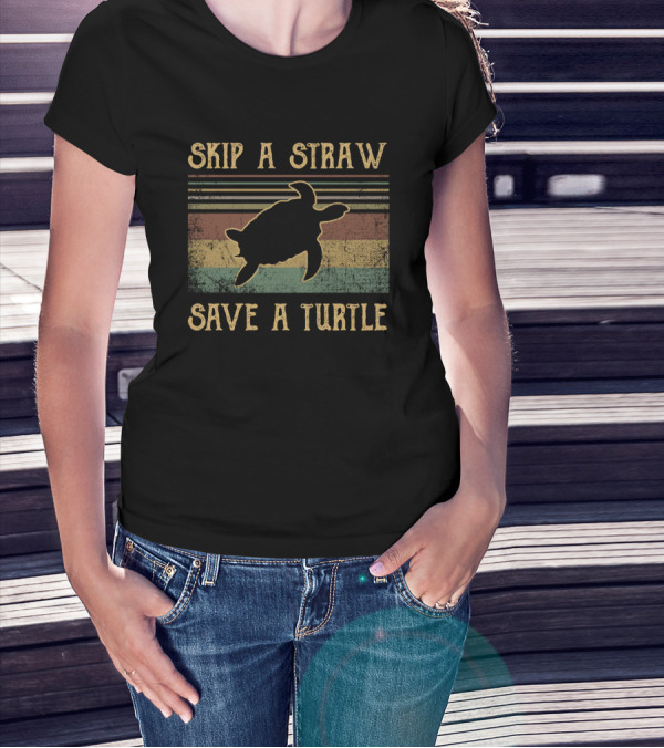 Skip A Straw Save A Turtle Retro Vintage Silhouette Conservation Message T-Shirt