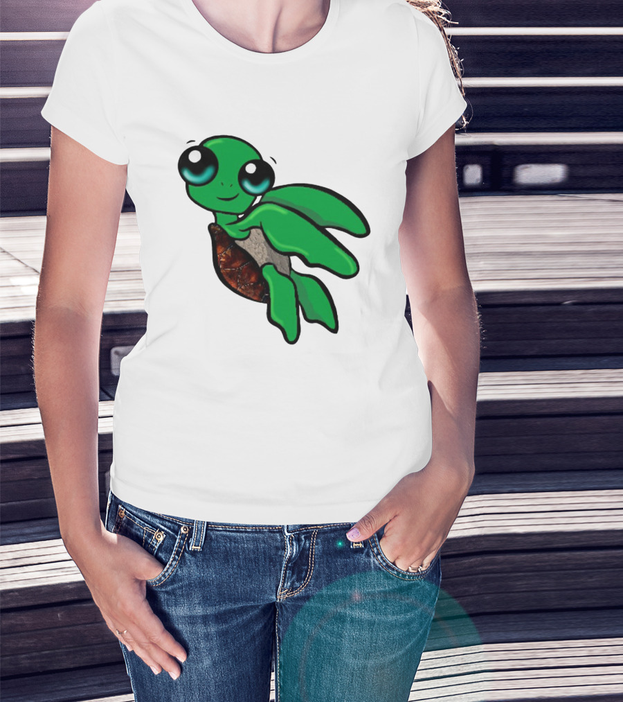 Funky Turtle Cute Green Cartoon Character With Big Eyes T-Shirt