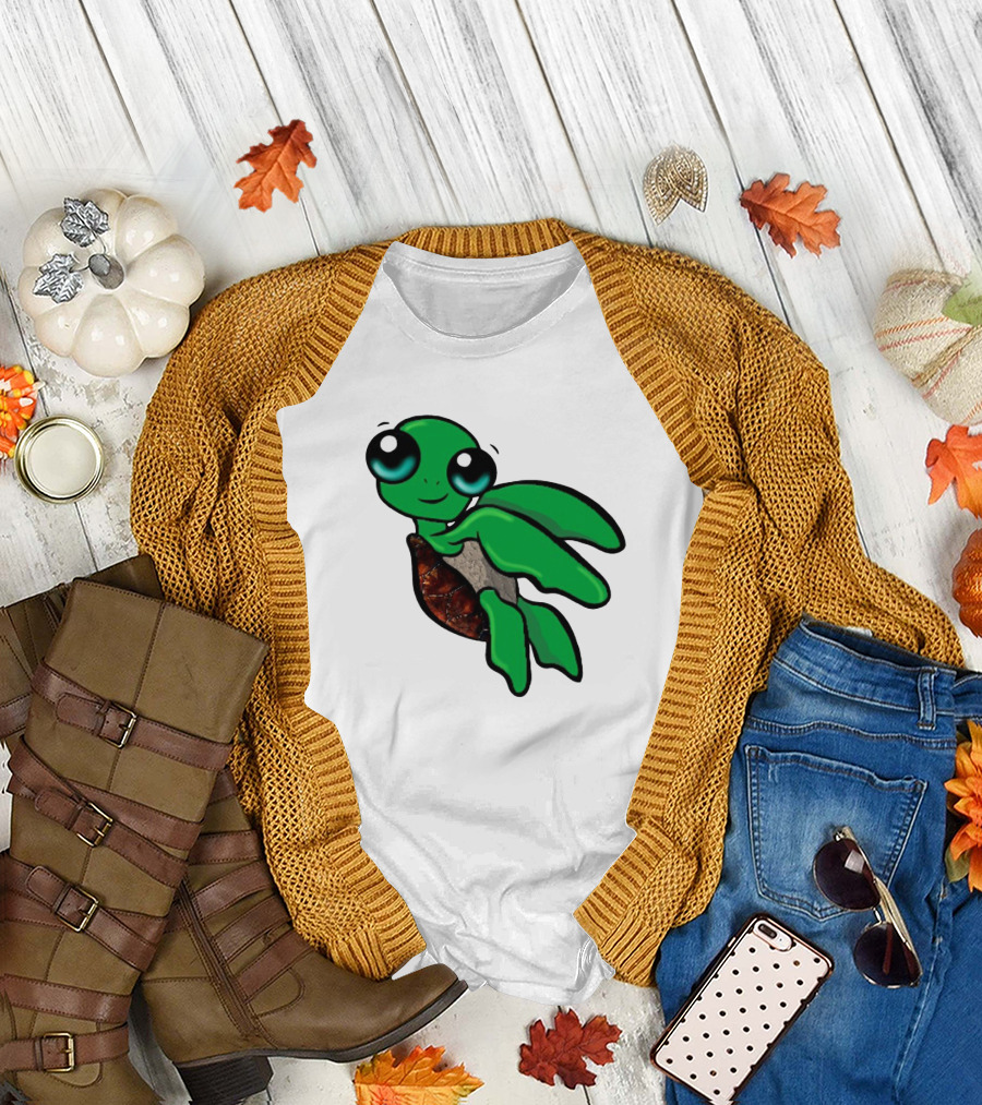 Funky Turtle Cute Green Cartoon Character with Big Eyes T-Shirt