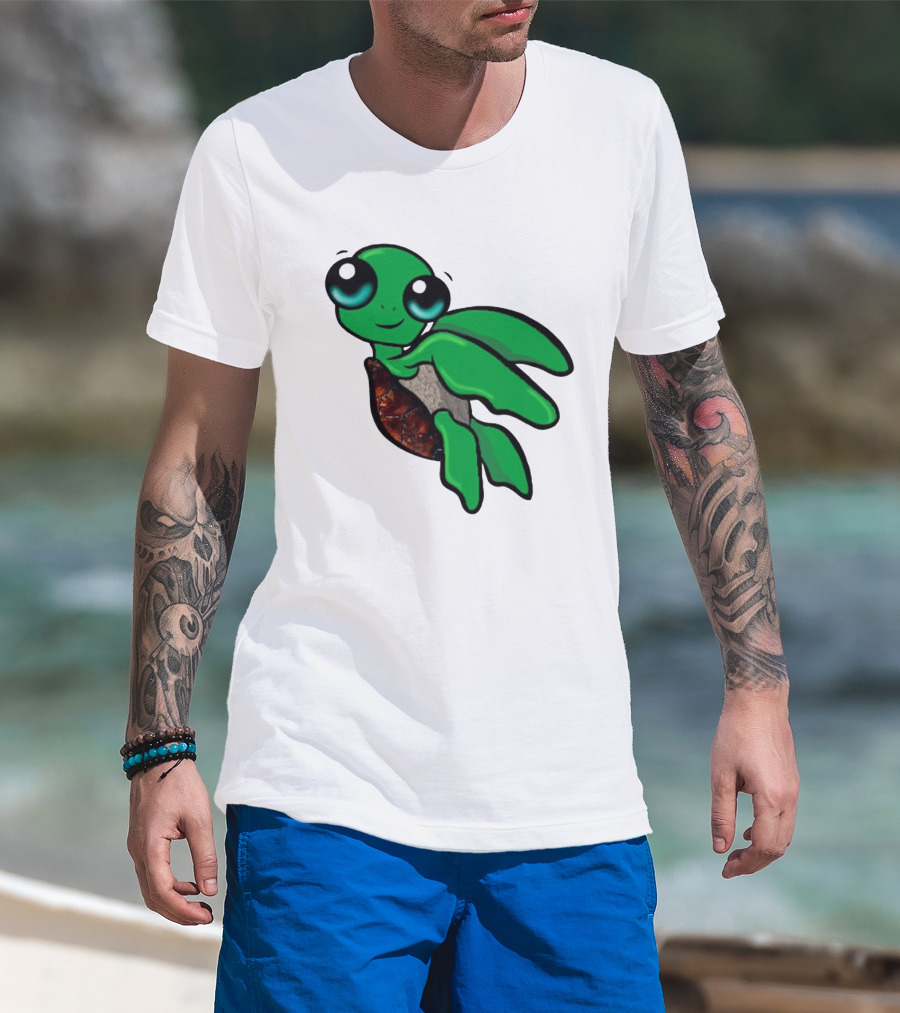 Funky Turtle Cute Green Cartoon Character With Big Eyes T-Shirt