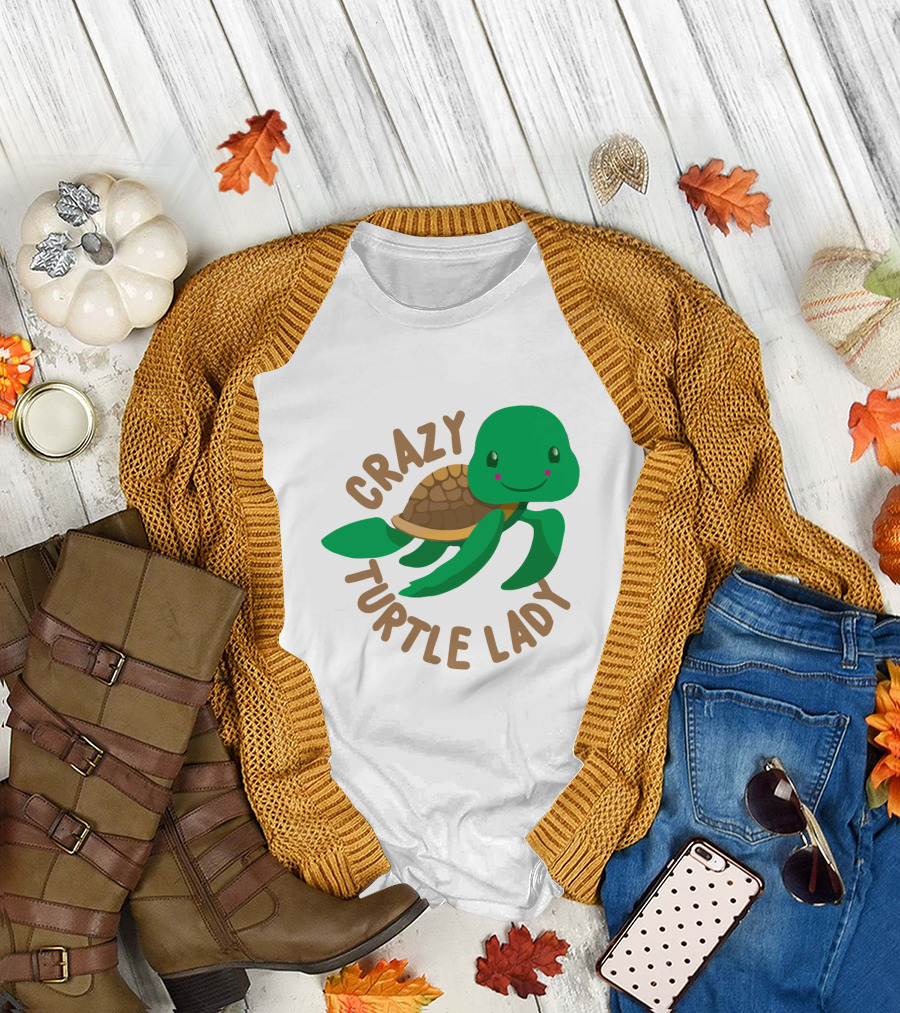 Crazy Turtle Lady Cute Green Cartoon Style Turtle with Happy Face T-Shirt