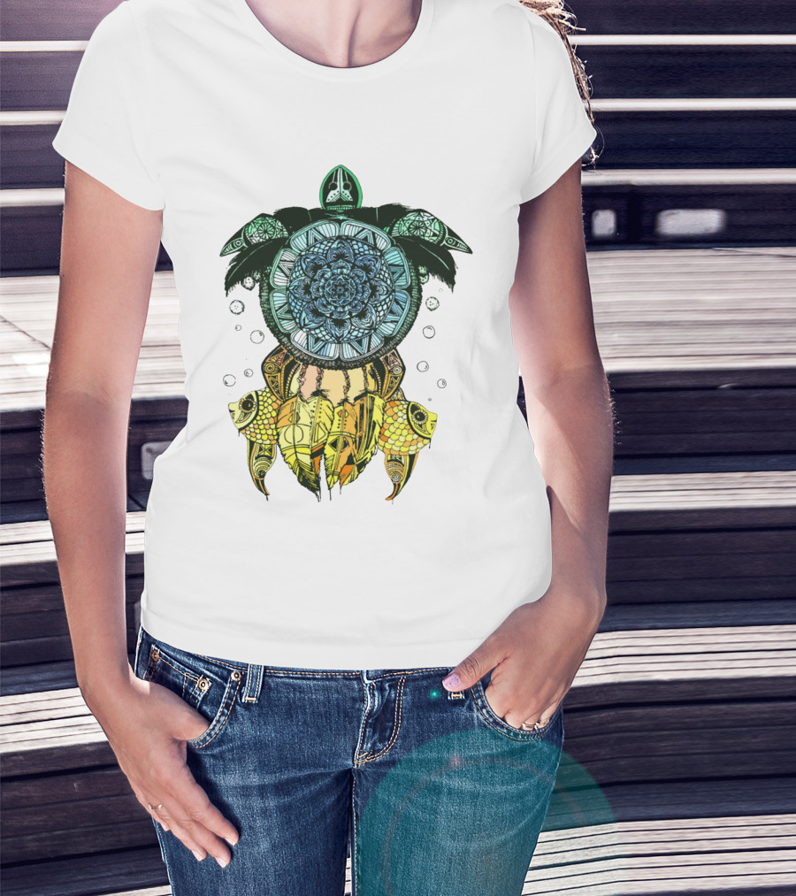 Dreamcatcher Flower Of Life Turtle With Intricate Mandala Feather And Geometric T-Shirt