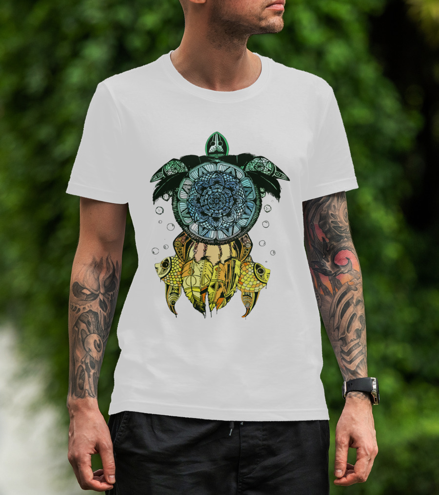 Dreamcatcher Flower Of Life Turtle With Intricate Mandala Feather And Geometric T-Shirt