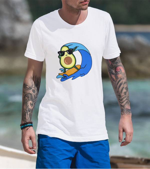 Avocado Wearing Sunglasses Riding Blue Ocean Wave T-Shirt