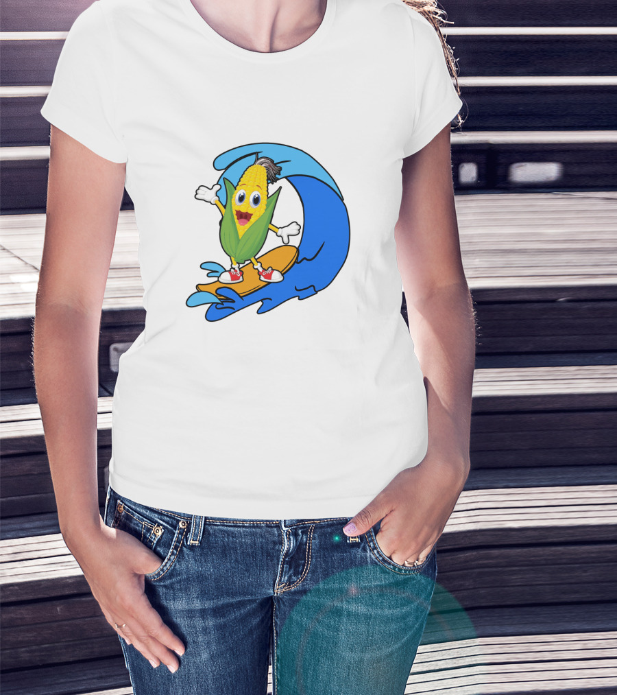 Corn On Surfboard Riding Blue Ocean Wave T-Shirt