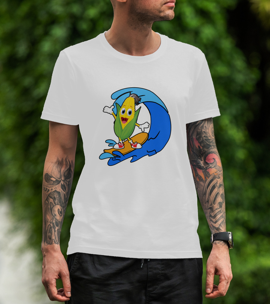 Corn On Surfboard Riding Blue Ocean Wave T-Shirt