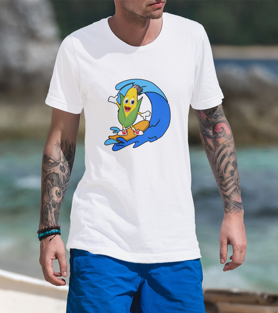 Corn On Surfboard Riding Blue Ocean Wave T-Shirt