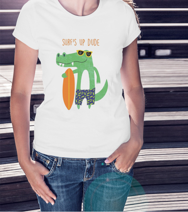 Surf's Up Dude Cool Crocodile In Sunglasses With Surfboard And Tropical Shorts T-Shirt