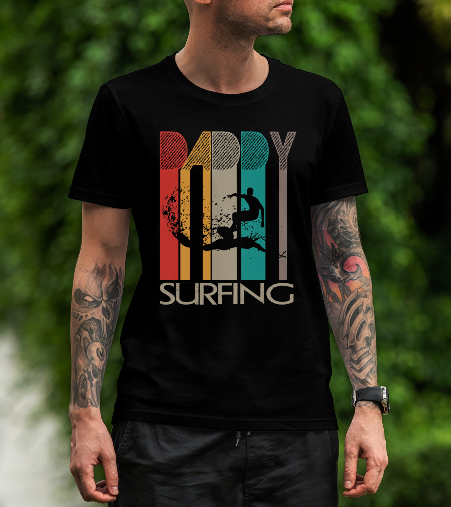 Vintage Daddy Surfing Silhouette With Retro Color Stripes T-Shirt
