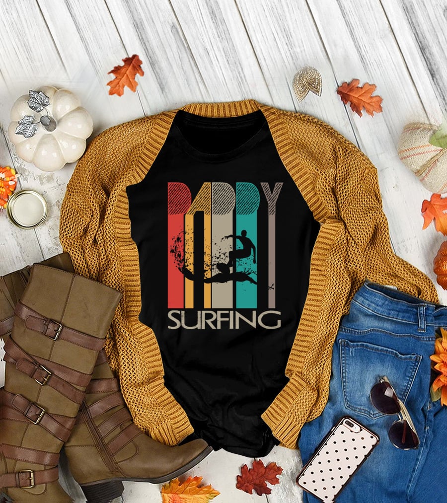 Vintage Daddy Surfing Silhouette with Retro Color Stripes T-Shirt