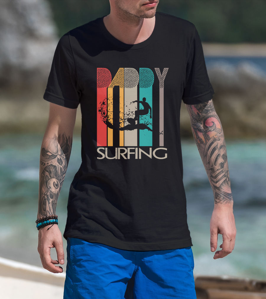 Vintage Daddy Surfing Silhouette With Retro Color Stripes T-Shirt