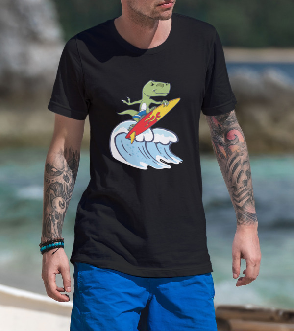 Dinosaur Riding Waves On Fiery Surfboard Ocean Adventure T-Shirt